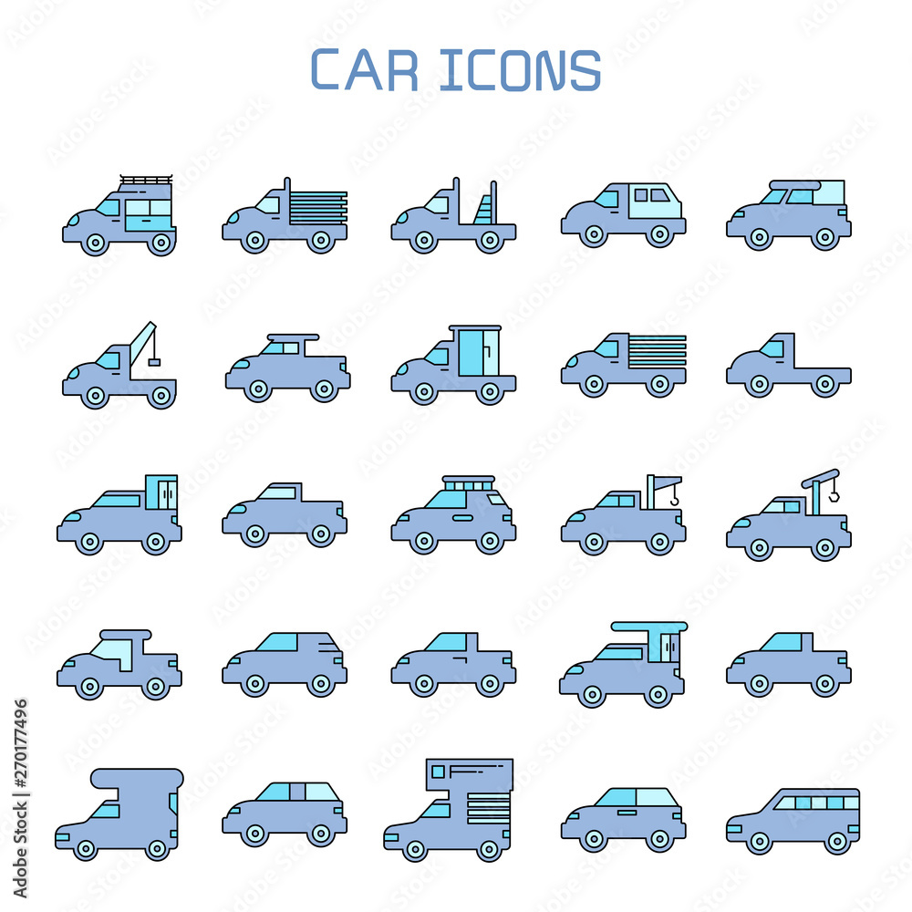 car, truck, camper car icons set, blue theme