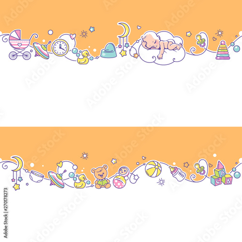 Seamless border  with playing baby boys, girls and toys.