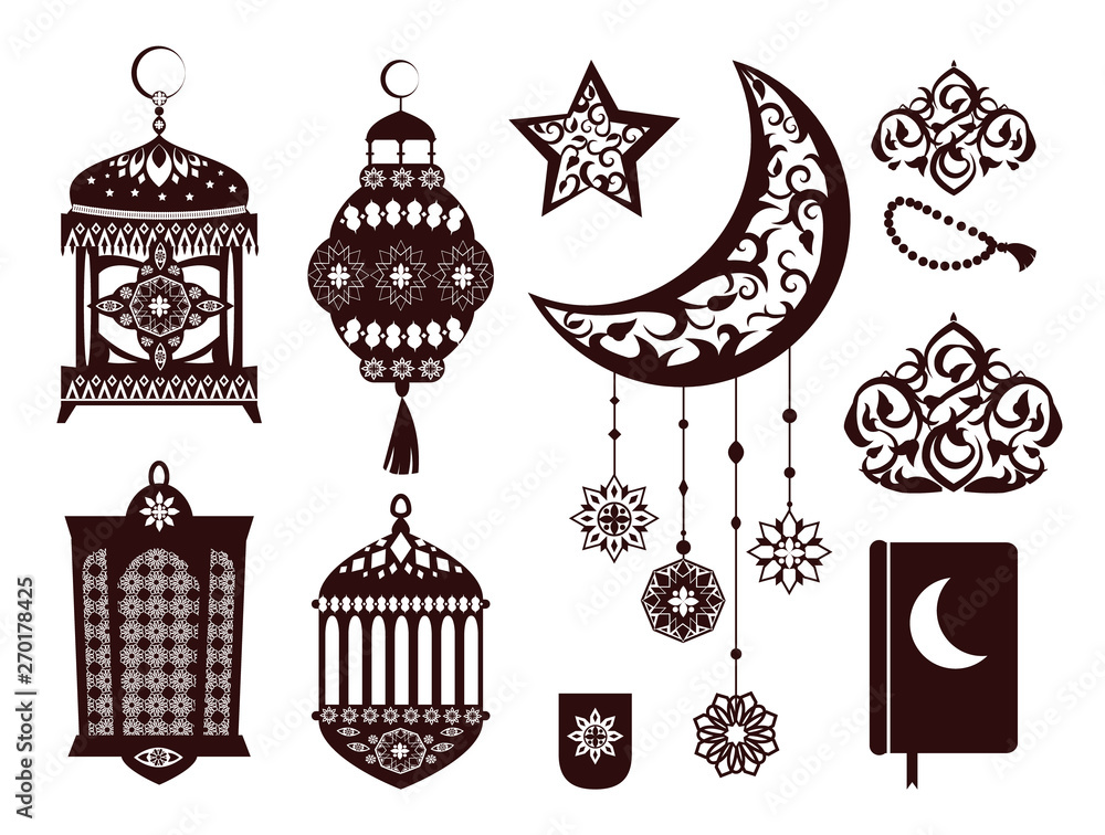 Ramada Kareem religious symbols in black colors set. Festive arabian attributes of holy event. Lantern and moon silhouettes vector illustrations for Ramadan holidays. Ramada Kareem religious symbols in black colors set. Festive arabian attributes of holy event. Lantern and moon silhouettes vector illustrations for Ramadan holidays.