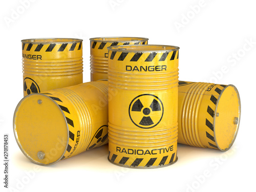 Foto Radioactive waste yellow barrels with radioactive symbol 3d rendering