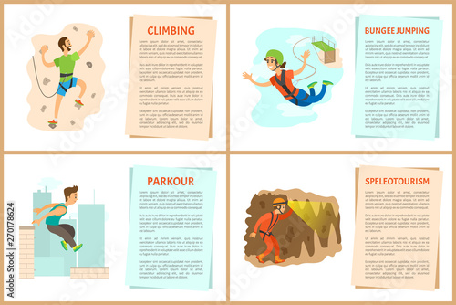 People going in for extreme sports vector, poster with text. Flat style extriming climbing, bungee jumping woman, parkour in city and speleotourism man in cave