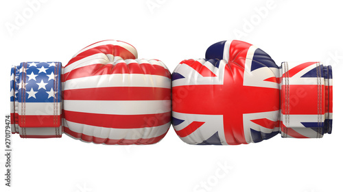 USA against UK boxing glove, America vs. United Kingdom, Great Britain international conflict or rivalry 3d rendering