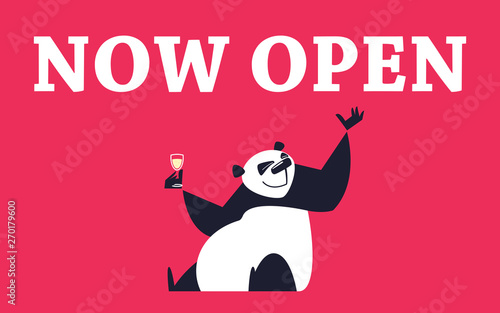 Cheerful panda drinks champagne and waves its arm. Opening banner template.