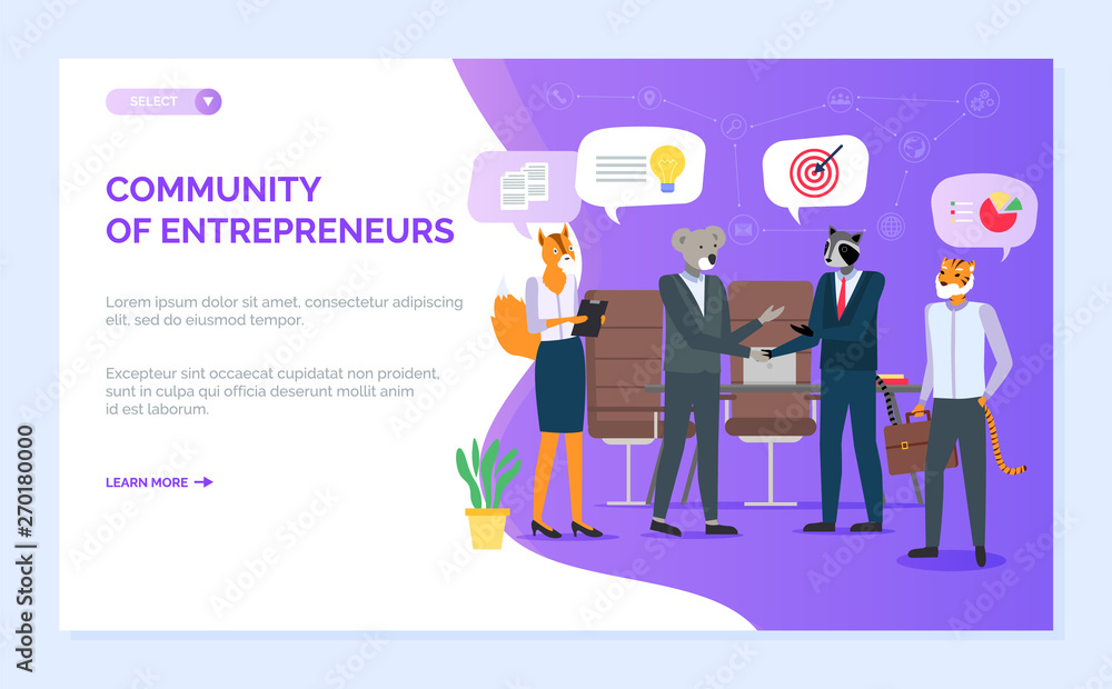 Community of entrepreneurs vector, fox and raccoon on meeting, hipster animals working at office, partnership and job secretary, handshaking. Website or webpage template, landing page flat style