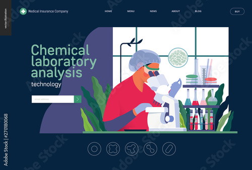 Medical tests template -chemical laboratory analysis - modern flat vector concept digital illustration of laboratory analysis -woman laboratory assistance with microscope, medical office or laboratory