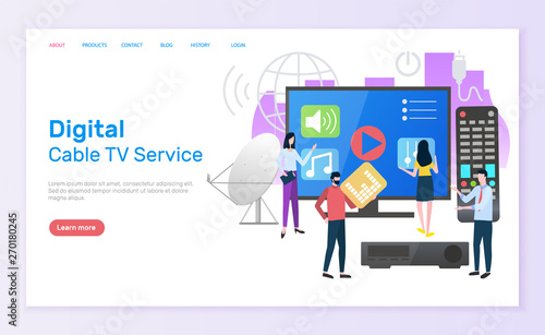 Digital cable TV service vector, television screen with play button and remote controller, people with using innovations, man and woman satellite. Website or webpage template, landing page flat style
