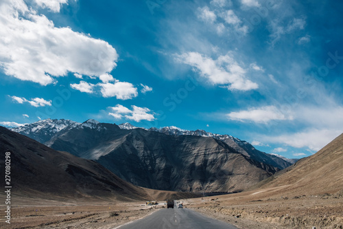 Magnetic hill mountain and blue sky road way in Leh Ladakh, India