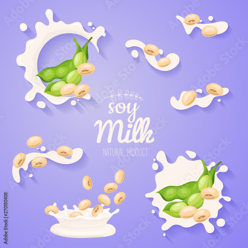 Soy in milk splash. Big splash set. Vegan alternative organic filbert milk flow pour. Non dairy drink or yogurt.