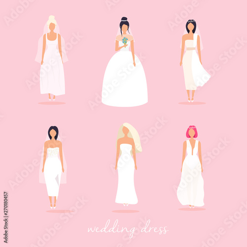 Set of women in wedding dresses in different styles. Vector illustration.