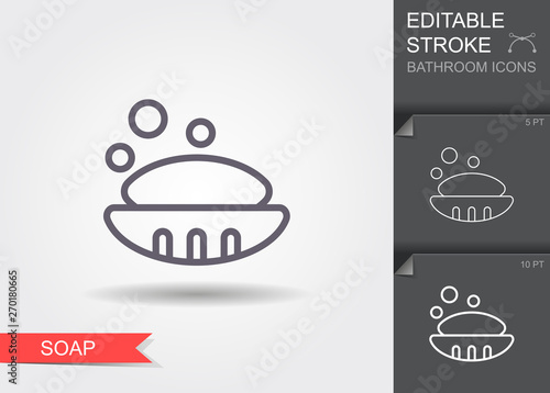 Soap in soap dish. Line icon with editable stroke with shadow