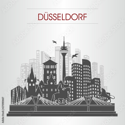 Düsseldorf Stadtbild Vektor mit Hochhäusern, Denkmälern, Brücke und Wahrzeichen für Reise, Konzept, Plaket, Flyer und Web - schwarz grau mit roter Schrift
