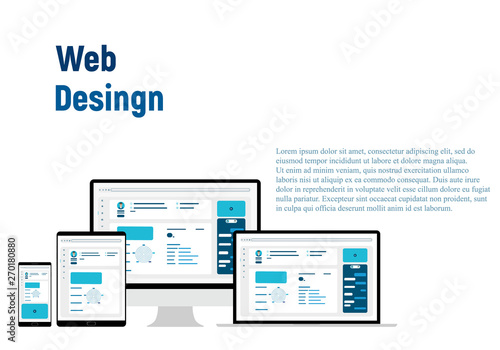 Web Design. Website template for monitor, laptop, tablet, phone. Elements for mobile and web applications. User Interface UI and User Experience UX content organization. landing page, banner.