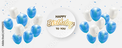 Happy birthday vector Celebration party banner Golden foil confetti and white and glitter blue balloons.