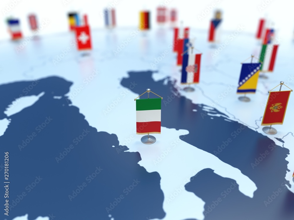 Obraz premium Flag of Italy in focus among other European countries flags. Europe marked with table flags 3d rendering