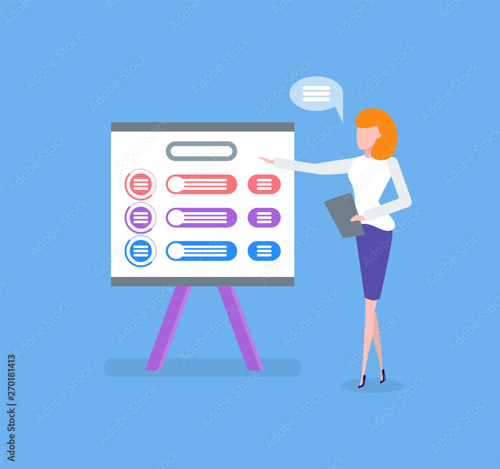 Infographic on whiteboard, woman giving presentation vector. Business plan on board with explanation from manager, presenter with clipboard explaining