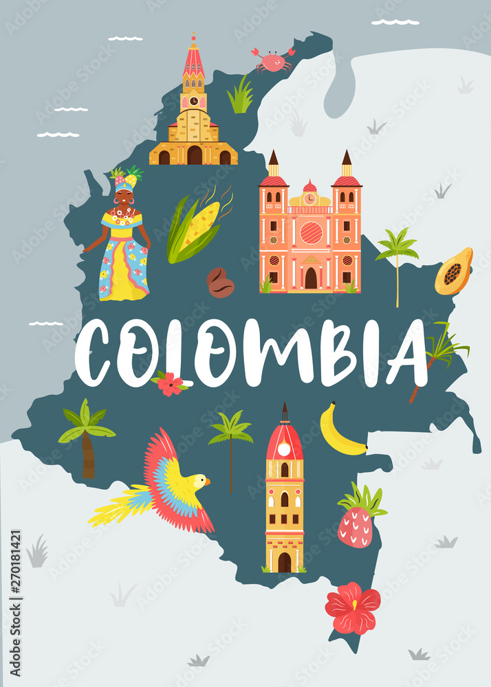 Fotografie, Obraz Bright illustrated map of Colombia. Travel banner