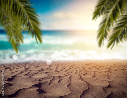 Summer background of beach and ocean and green leaves of palms. 