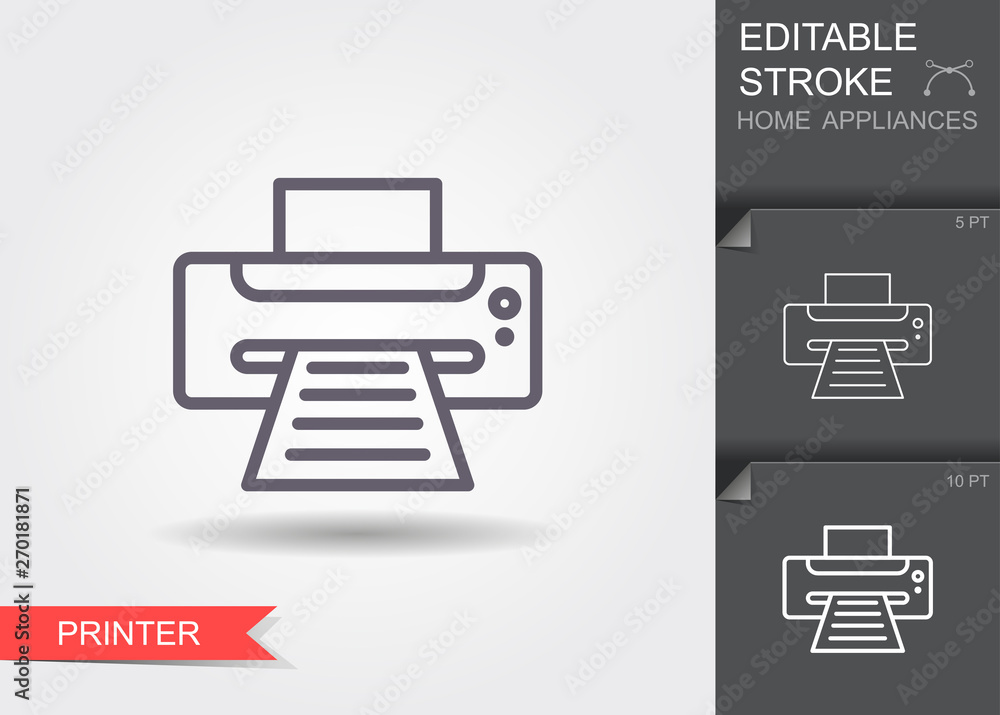 Printer . Line icon with editable stroke with shadow Printer . Line icon with editable stroke with shadow