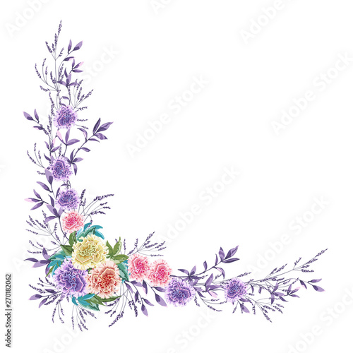 Flower garland for wedding, colorful terry petunia and foliage on white background, corner composition.