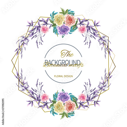 Floral wedding invitation with flower garland of colorful terry petunia and foliage on white background.