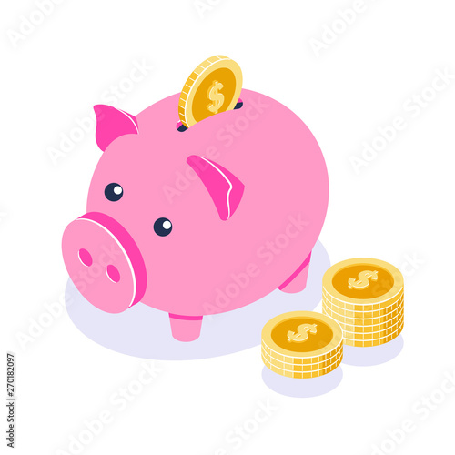Piggy bank 3d vector in isometric style. Pink moneybox and coins stack. Illustration isolated on white background.