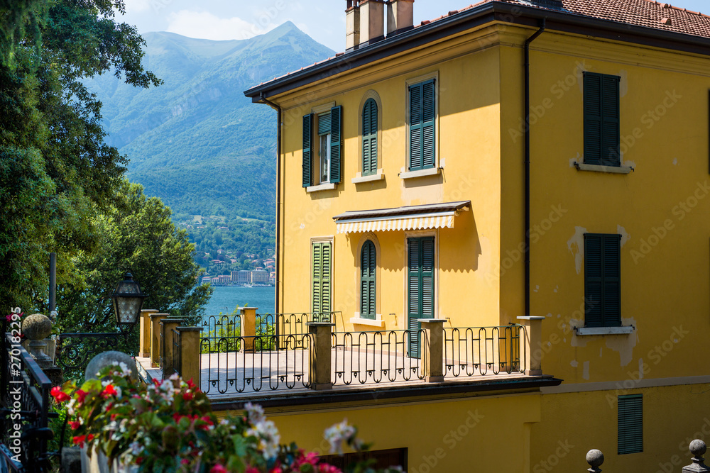 Old picturesque street with amazing view in beautiful Bellagio, Como lake, Italy