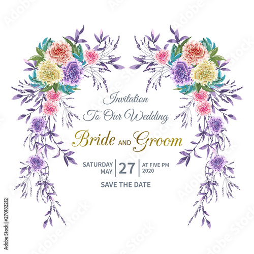 Floral wedding invitation with flower garland of colorful terry petunia and foliage on white background.
