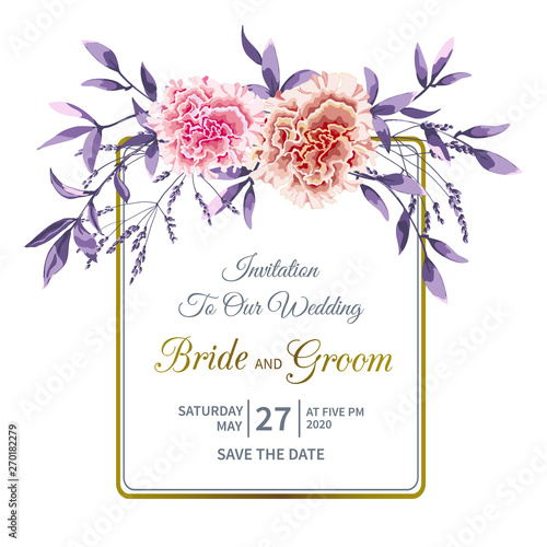 Floral wedding invitation with flower garland of colorful terry petunia and foliage on white background.