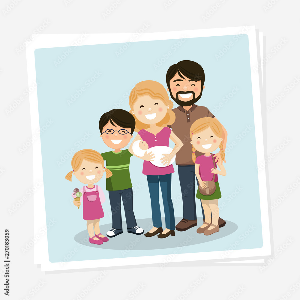 Happy family photo with parents, three children and babyborn Happy family photo with parents, three children and babyborn
