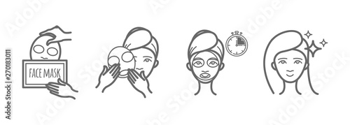 Beauty treatment icons set, facial mask applying