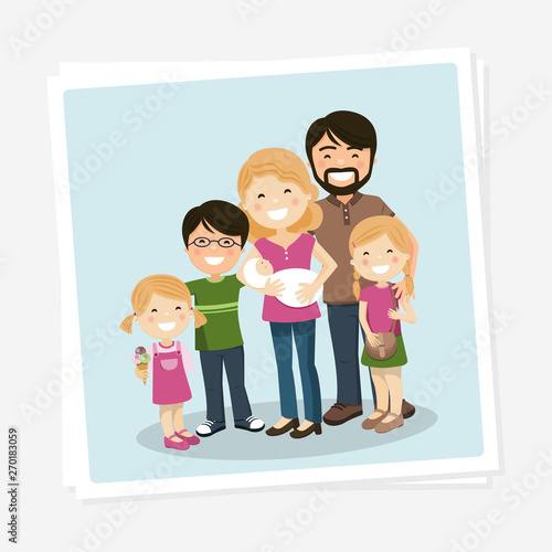 Happy family photo with parents  three children and babyborn