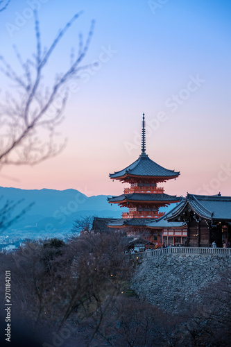 red pagoda in twilight at Kiyomizu dera,Japan