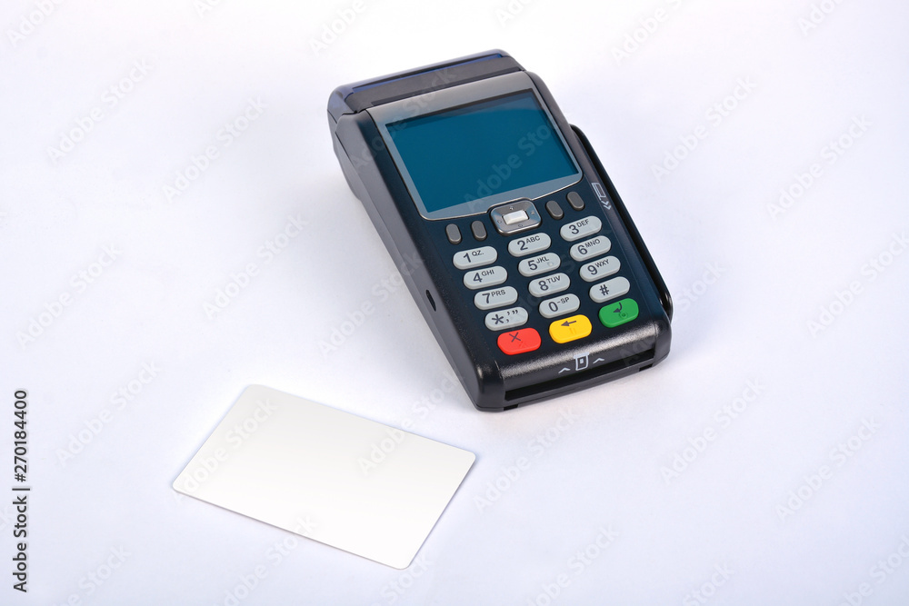 Contactless POS Payment GPRS Terminal with Credit Card, isolated on white Contactless POS Payment GPRS Terminal with Credit Card, isolated on white