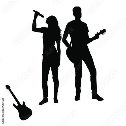 Vector silhouettes of man and woman playing music on the guitar and sing, standing, black color, isolated on white background
