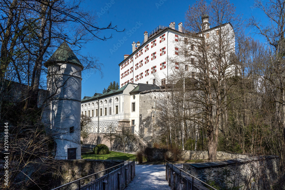 Tyrol, Austria - April 1, 2019 : Ambras Castle or Schloss Ambras Innsbruck is a castle and palace located in Innsbruck, the capital city of Tyrol, Austria