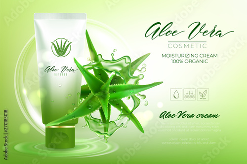 Design advertising poster of cosmetic product for catalog, magazine. Design of cosmetic package with aloe vera plant and water splash.Moisturizing cream, gel, body lotion with aloe vera extract.