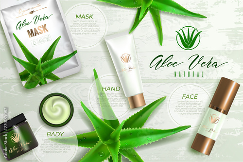 Design advertising poster of cosmetic product for catalog, magazine. Design of cosmetic package with aloe vera plant .Moisturizing cream, gel, body lotion with aloe vera extract.