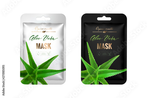 Realistic, 3d, silver and black foil pouch. Packaging design cosmetics. Mock up package for mask, shampoo, food
