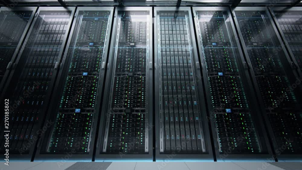 Camera moving in data center along the racks with server equipment, view from the bottom. Seamlessly looped photorealistic 3D render animation.