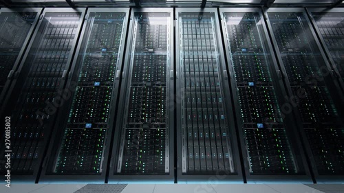 Camera moving in data center along the racks with server equipment, view from the bottom. Seamlessly looped photorealistic 3D render animation.