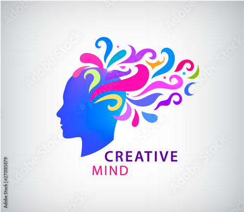 Vector human head logo concept illustration. Learning icon. Creative mind, imagination, idea, brainstorming, brain. psychology