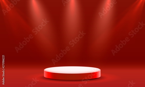 Stage podium with lighting, Stage Podium Scene with for Award Ceremony on red Background.