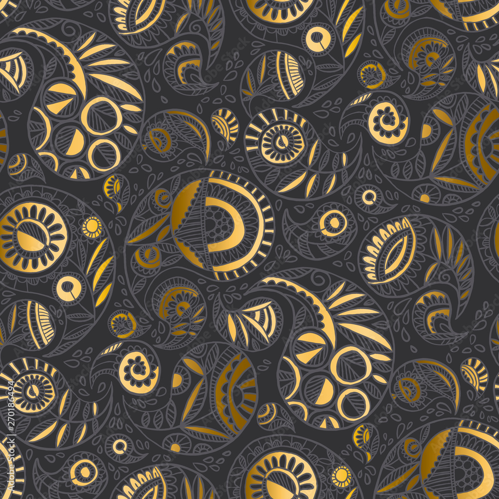 Modern elegant gray-gold paisley seamless pattern