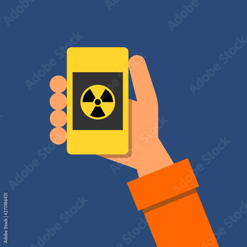 Man is checking and measuring atomic and nuclear radiation, iiradiation and radioactive radioactivity by dosimeter. Device is warning about dangerous contamination. Vector illustration