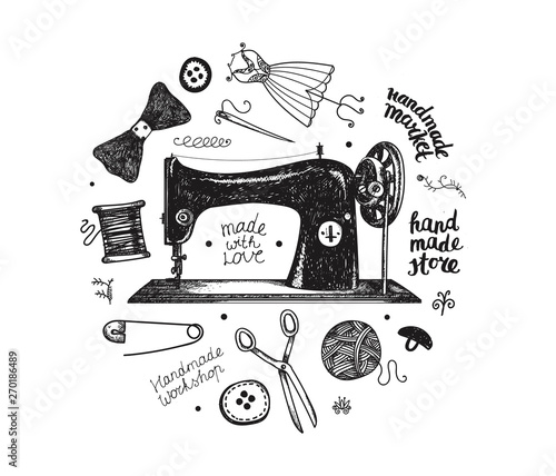Hand drawn set with sewing and knitting tools and accessories threads, scissors, needles, metering, button, machine. Vector illustration for tailoring, atelier, fashion design.