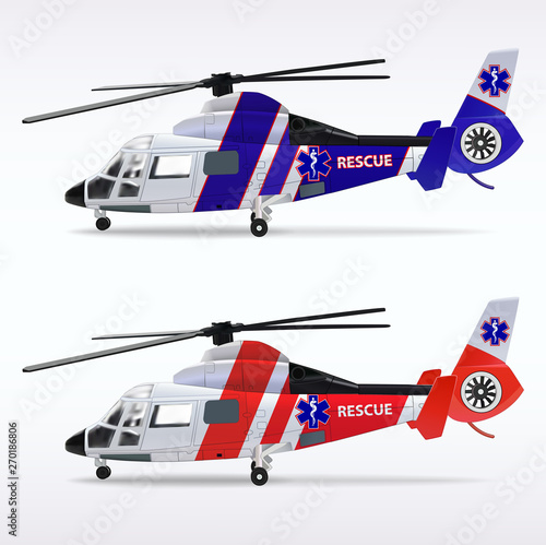 Ambulance helicopters. Medical sanitary aviation. Transport air rescue service. Red and blue fuselages. Vector illustration.