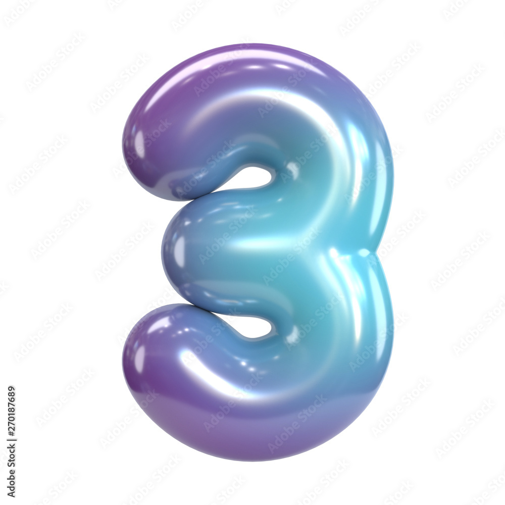 Round purple and blue font, balloon like letters and numbers, 3d rendering number 3 Round purple and blue font, balloon like letters and numbers, 3d rendering number 3