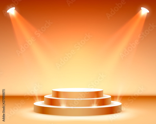 Stage podium with lighting, Stage Podium Scene with for Award Ceremony on orange Background.