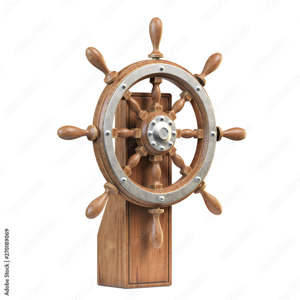 Obraz premium Ship wheel with stand isolated on white background 3d rendering