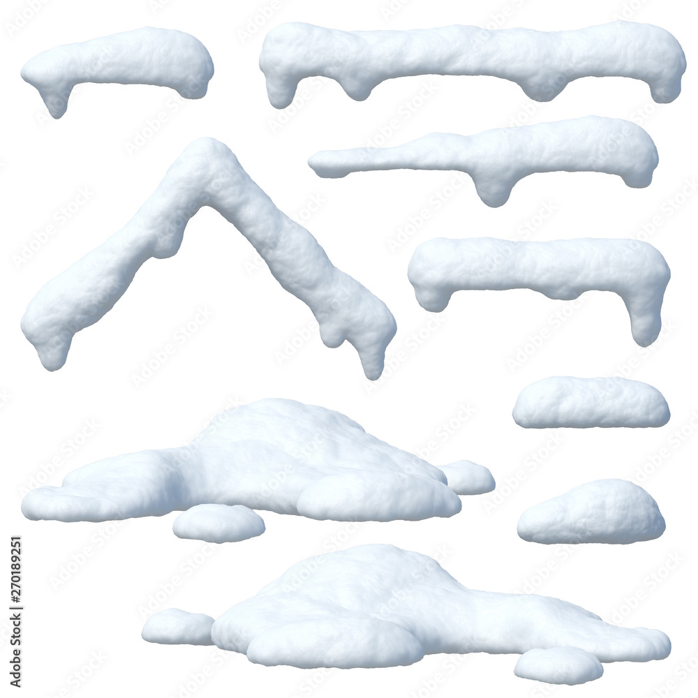 Snow caps set, icicles, snowballs and snowdrifts isolated on white
